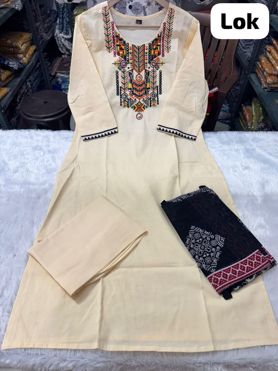 Cream Heavy Cotton Embroidered Kurti Pant Dupatta Set